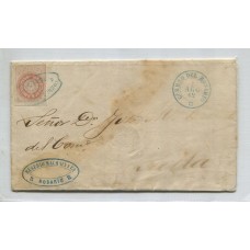 ARGENTINA 1862 GJ 07A ESCUDITO DE 5 Cts. COLOR ROSA SALMON EN PLIEGO COMPLETO CIRCULADO A SALTA CON DOBLE MARCA DE SALIDA ROSARIO 1/8/1862 U$ 220 DEBERIA VALER MUCHO MAS POR SER ESTE RARO COLOR